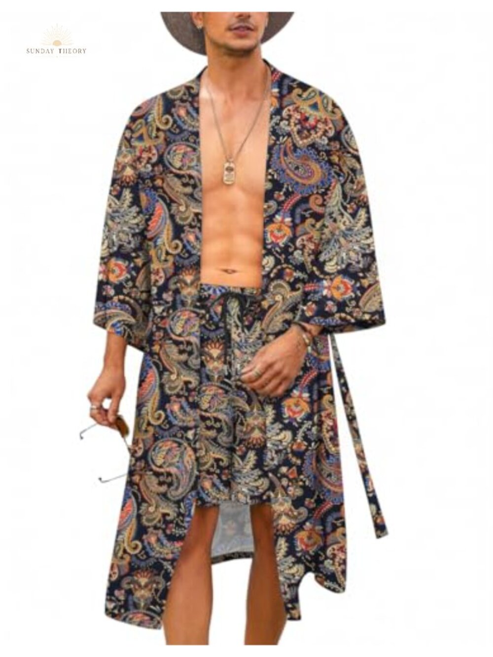Men's 2 Piece Kimono Robe Set with Shorts Lightweight Rayon Open Front Belted